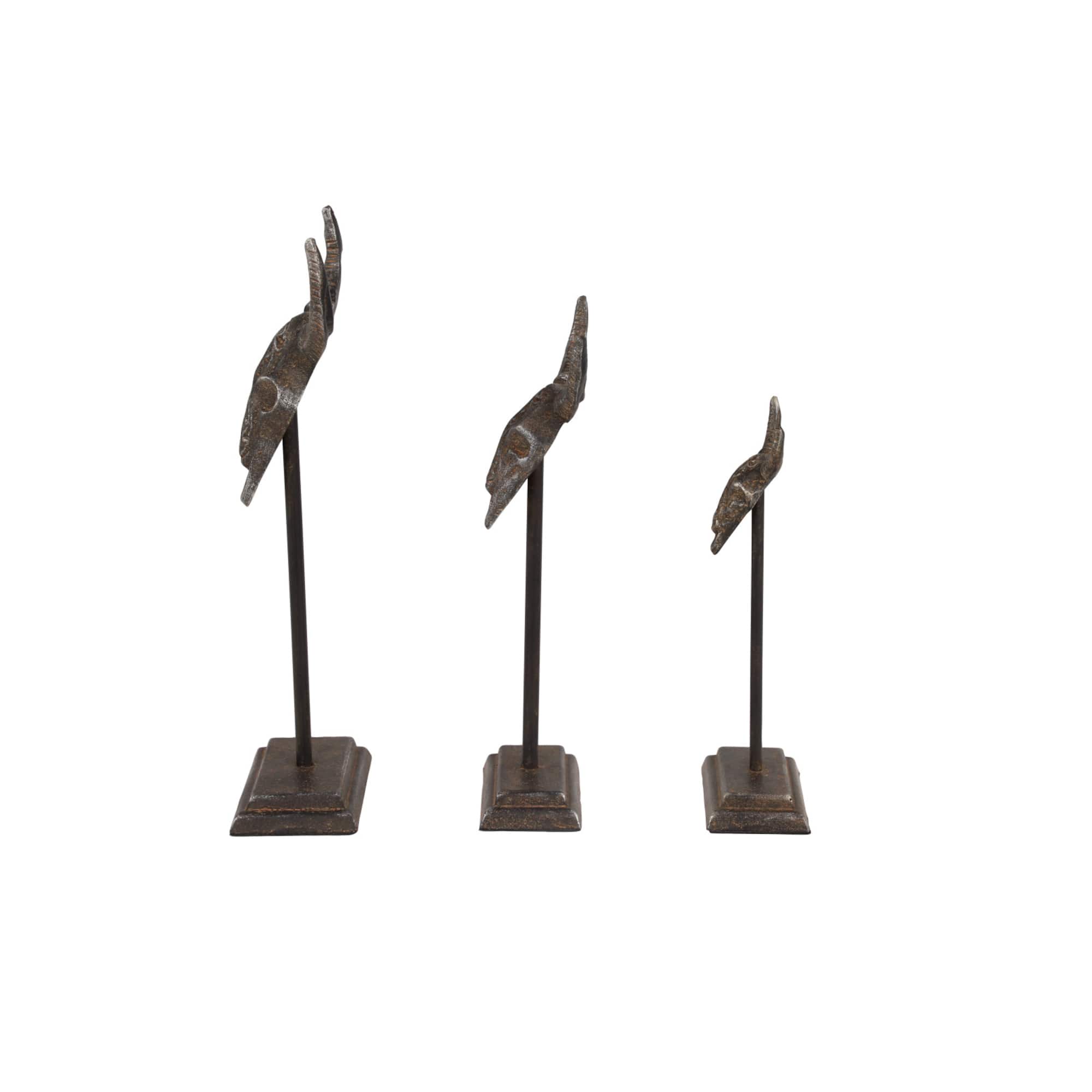 Set of 3 Grey Metal Eclectic Bull Sculpture, 15", 12", 10"